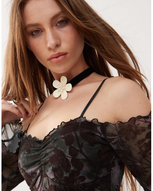 Collusion Natural Off Shoulder Printed Flock Mini Dress