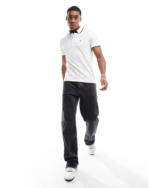 Polo De Piqué De Corte Slim Con Logo Y Ribetes En Essentials De Jack & Jones de hombre de color White