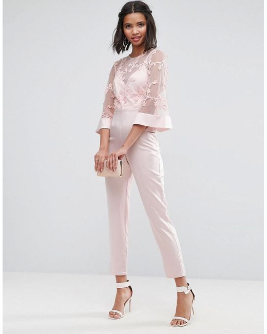 ASOS Pink Jumpsuit With Lace Bodice And Contrast Satin Trouser