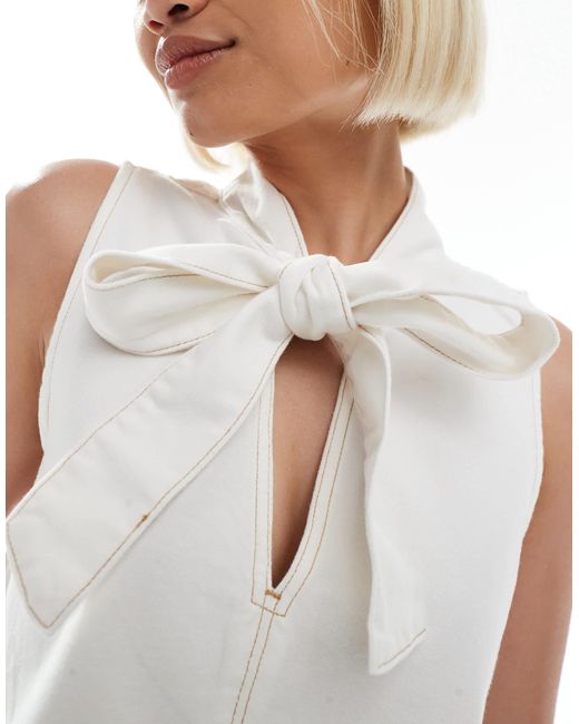 ASOS White A-line Denim Top With Bow Tie Neck