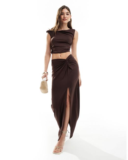 4th & Reckless Brown Twist Detail Thigh Split Maxi Skirt Co-ord