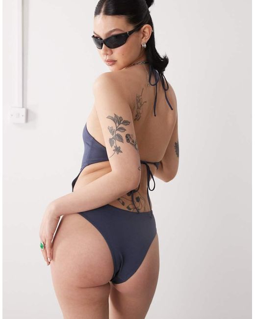 Weekday Blue Halter Neck Shiny Swimsuit With Open Back Tie Detail