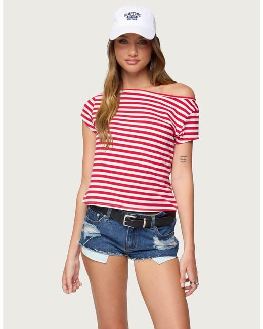 Edikted Red Aretha Striped Off Shoulder Top