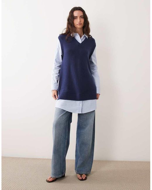 Abercrombie & Fitch Blue Oversized Shirt With Knitted Vest Overlay