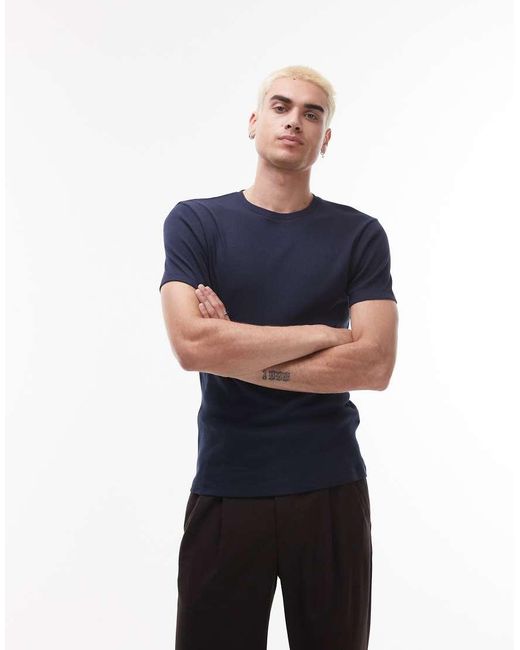 Topman Blue Skinny Fit Ribbed T-shirt for men