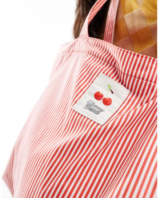 Mango Pink Thin Stripe Cherry Detail Tote Bag
