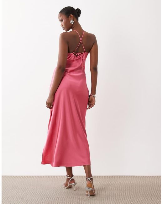 Y.A.S Pink Halter Neck Rosette Detail Satin Maxi Dress