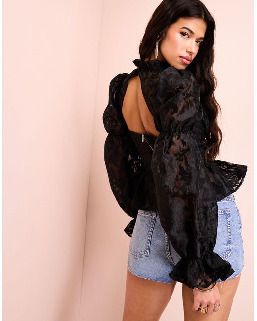 ASOS Black Pussy Bow Puff Sleeve Lace Top