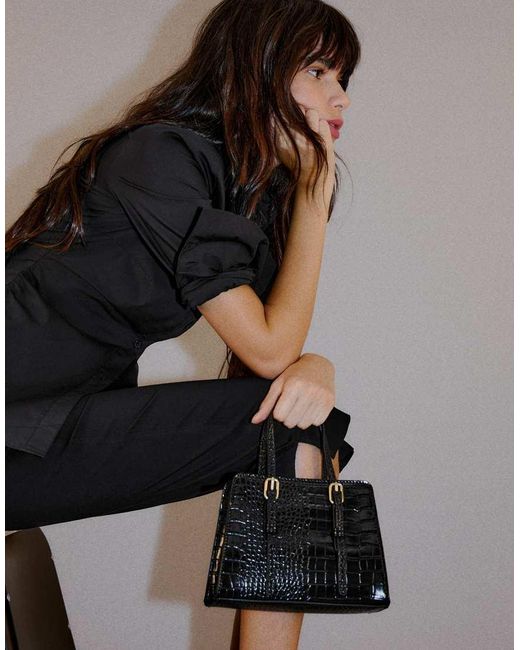Bershka Black Textured Box Bag With Buckles