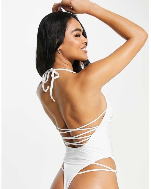 ASOS Diamante Cross Back Detail Swimsuit in White Lyst UK