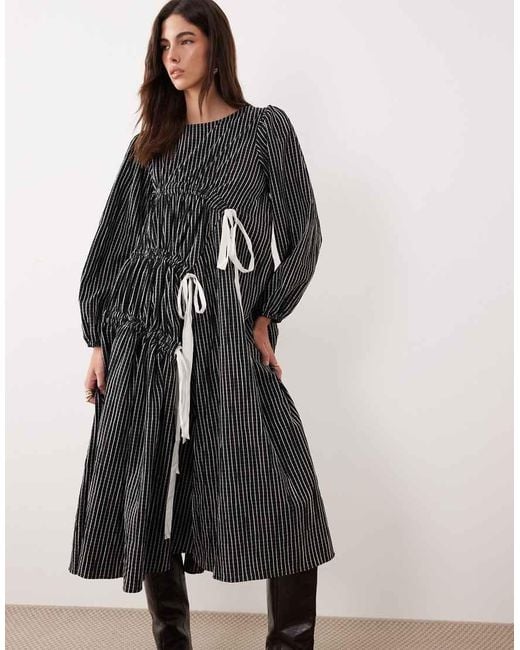 Ghospell Black Cotton Rich Ruched Bow Detail Midi Dress