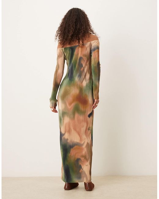ASOS Natural Plisse Bardot Long Sleeve Maxi