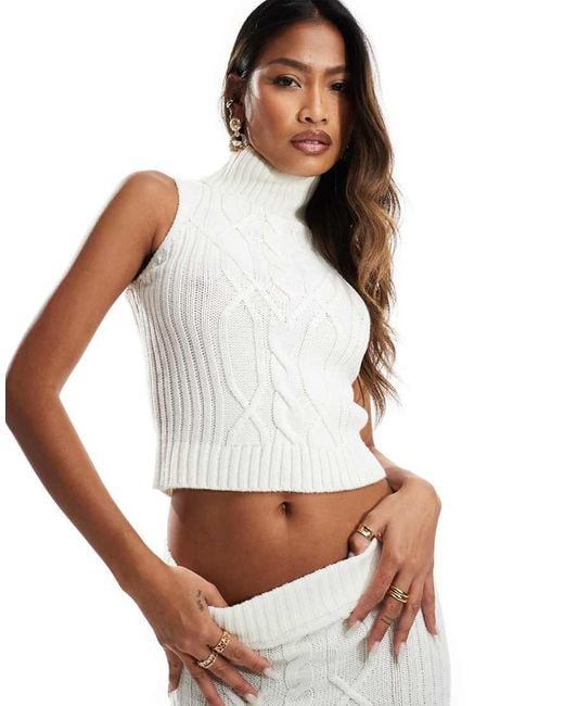In The Style White Sleeveless Cable Knit Roll Neck Jumper Co-Ord