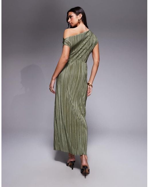 ASOS Green Plisse Twist Waist One Shoulder Midi Dress
