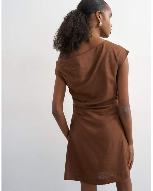 TOPSHOP Brown Linen Rich Fallen Shoulder Mini Dress With Tucked Waist