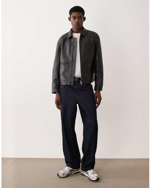 ASOS Gray Real Leather Harrington Jacket for men