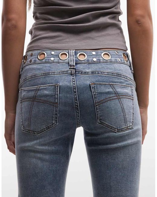 The Ragged Priest Blue Low Rise Flare Jeans With Grommet Waistband