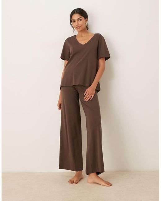 Mango Brown Cotton Slouchy V-neck Pyjama T-shirt Co-ord
