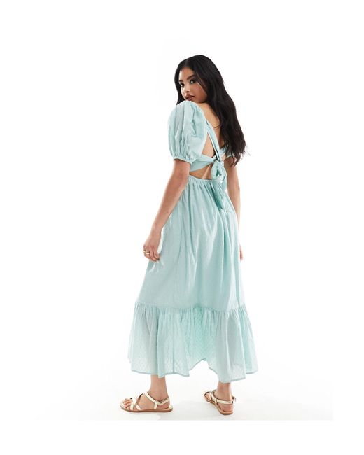 ASOS Blue Cotton Dobby Midi Dress With Lace Up Back