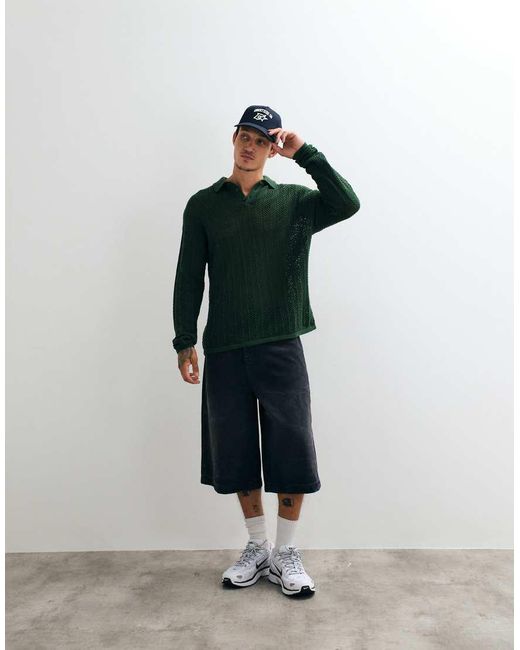 ASOS Green Loversized Long Sleeved Knitted Crochet Polo for men