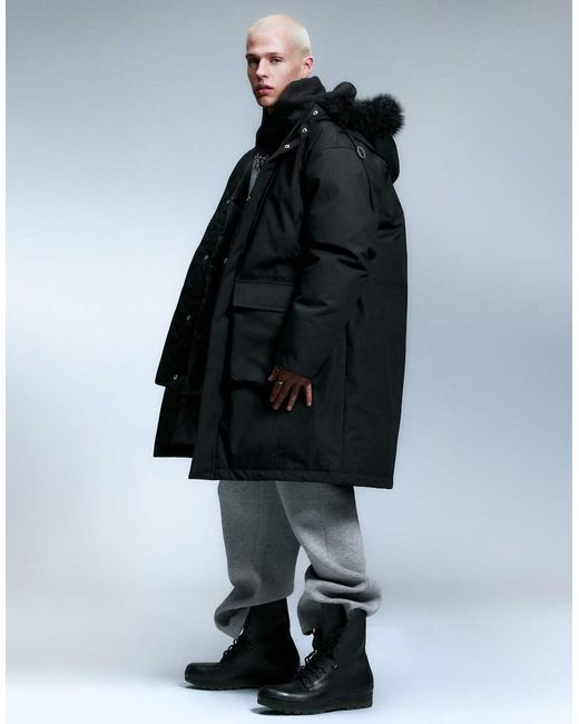 Weekday Black Oversized Parka With Faux Fur Hood for men