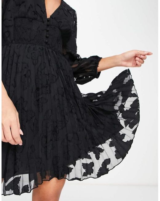 ASOS Black Burnout Button Through Shirred Waist Pleated Mini Dress