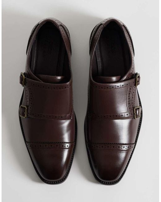 ASOS Brown Two Strap Monk Shoes With Broguing Details for men