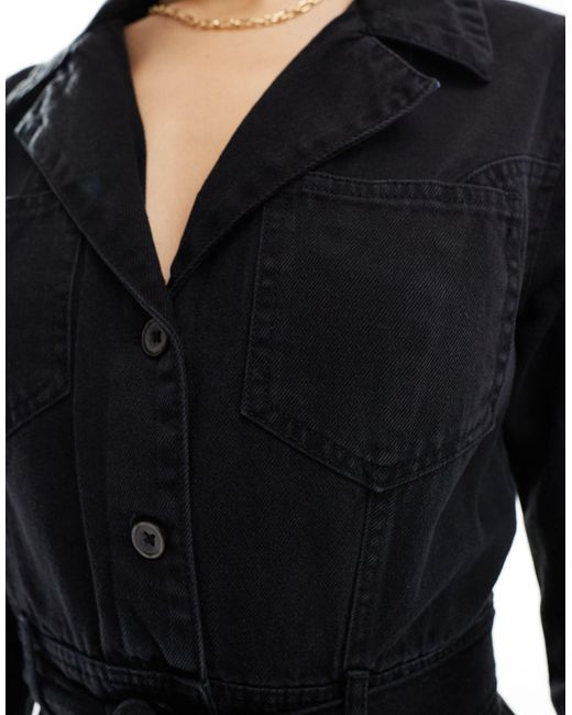 River Island Black Long Sleeve Button Front Denim Midi Dress
