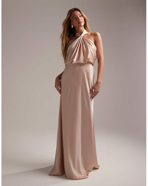 ASOS Pink Bridesmaid Satin Ruched Halter Neck Maxi Dress