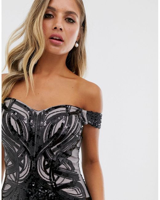 lipsy sequin top bardot fishtail maxi dress