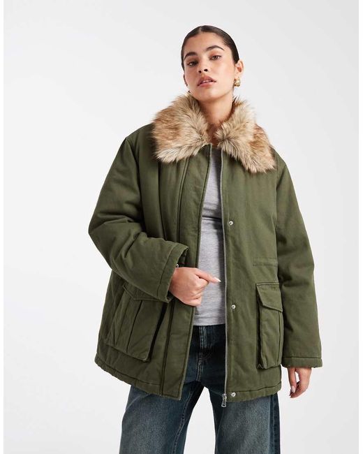 Miss Selfridge Green Faux Fur Collar Parka