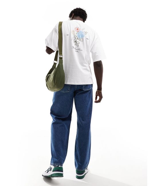 T-shirt oversize avec imprimé fleurs artistique au dos SELECTED pour homme en coloris White