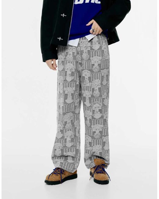 Pull&Bear Blue Printed Baggy Jogger Jeans for men