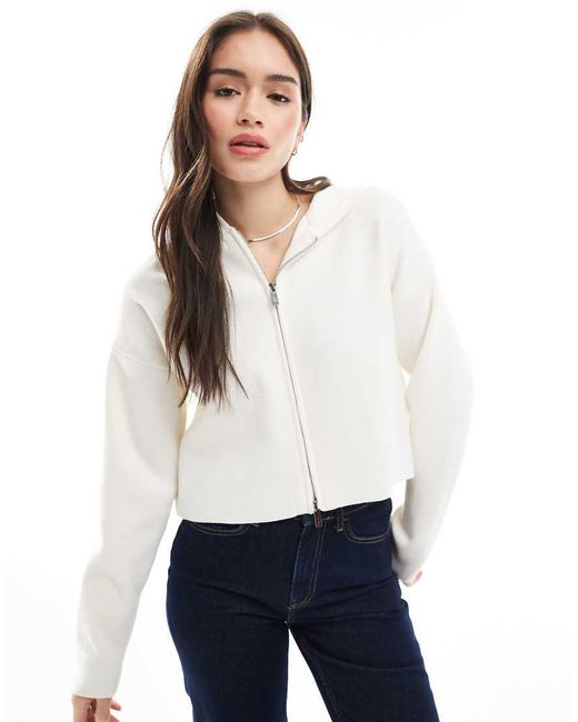 Stradivarius White Zip Through Knit Hoodie