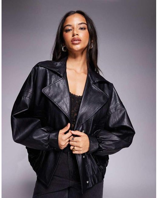 Kaiia Black Exclusive Textured Faux Leather Oversized Bomber Jacket