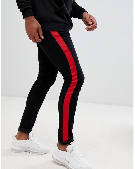 ASOS Super Skinny Jeans In Black With Red Side Stripe for men