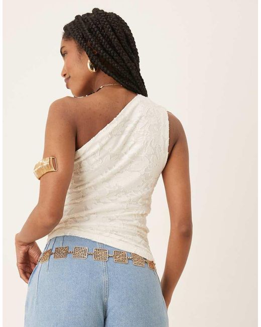 Gina Tricot Blue Jacquard Short Sleeve Off Shoulder Top With Asymmetric Hem