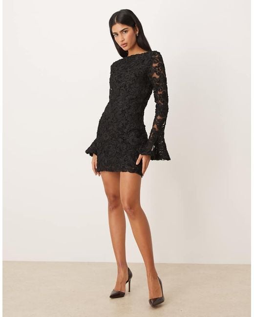 Gina Tricot Black Long Sleeve Embroidery Mini Dress With Open Back