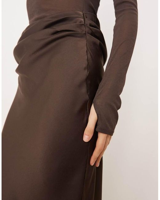 ASOS Natural Sheer High Neck Bodice Drape Satin Maxi Dress