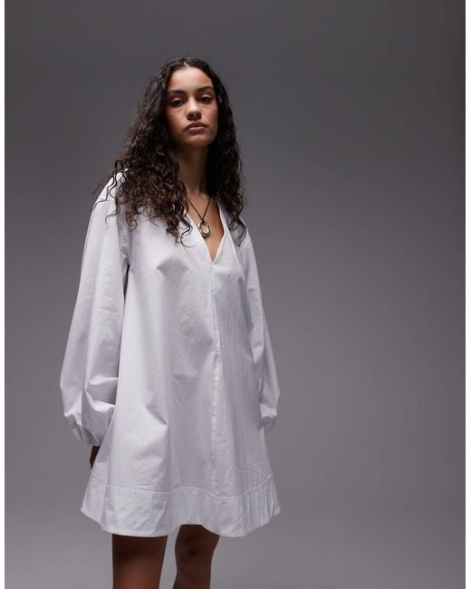 TOPSHOP White Poplin Babydoll Mini Dress