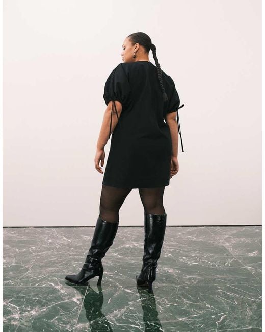 ASOS Black Asos Design Curve Crew Neck Mini Dress With Tie Sleeve Detail