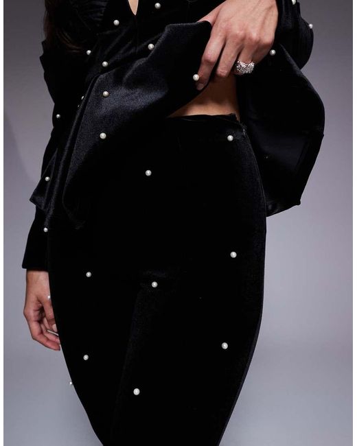 ASOS Blue Velvet Pants With Pearl Embellishment