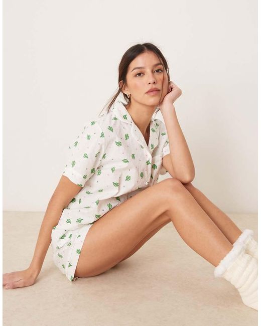 Loungeable Pyjamaset Van Overhemd Van Geweven Dobbystof Met Korte Mouwen En Short in het Natural