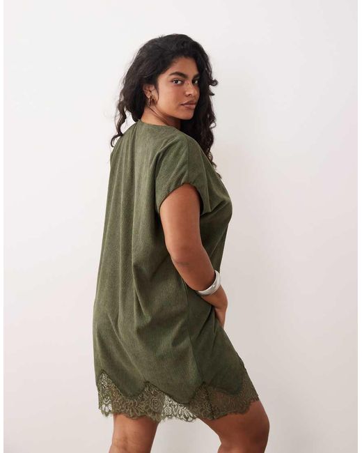 ASOS Green Asos Design Curve Cord V Neck Lace Trim Mini Shift Dress