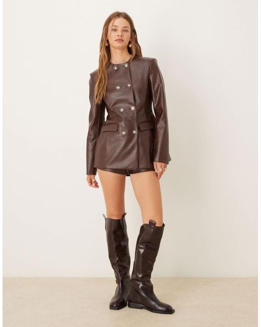 Blazer d'ensemble croisé à col montant en pu effet croco - chocolat ASOS en coloris Brown