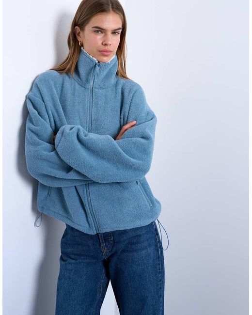TOPSHOP Blue Borg Fleece Funnel Zip Up Sweatshirt