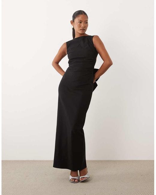 TFNC London Black Bengaline Slash Neck Open Back Bow Detail Maxi Dress