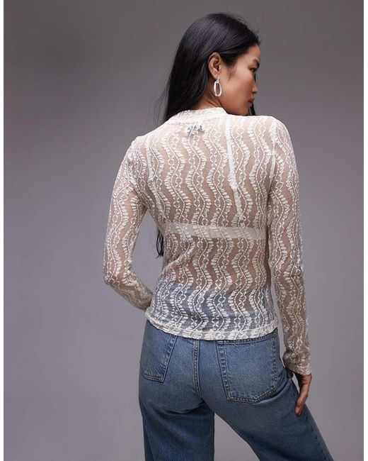 TOPSHOP Gray Wave Lace High Neck Top