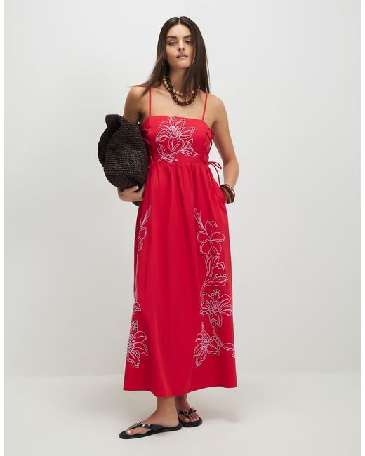 River Island Red Cotton Broderie Tie Side Midi Dress