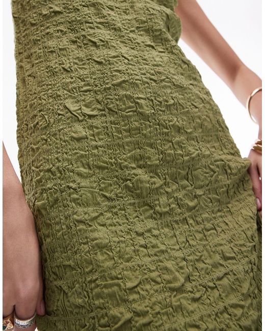 TOPSHOP Green Textured Midi Tie Shoulder Dress